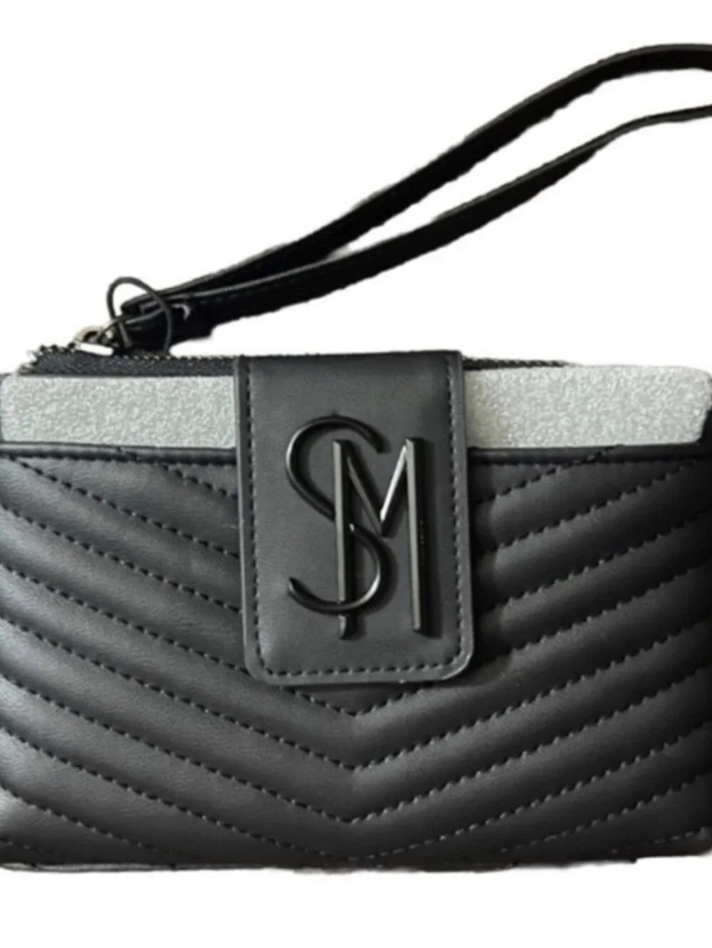 Steve Madden- Black Quilted Wristlet Card Case with SM Logo